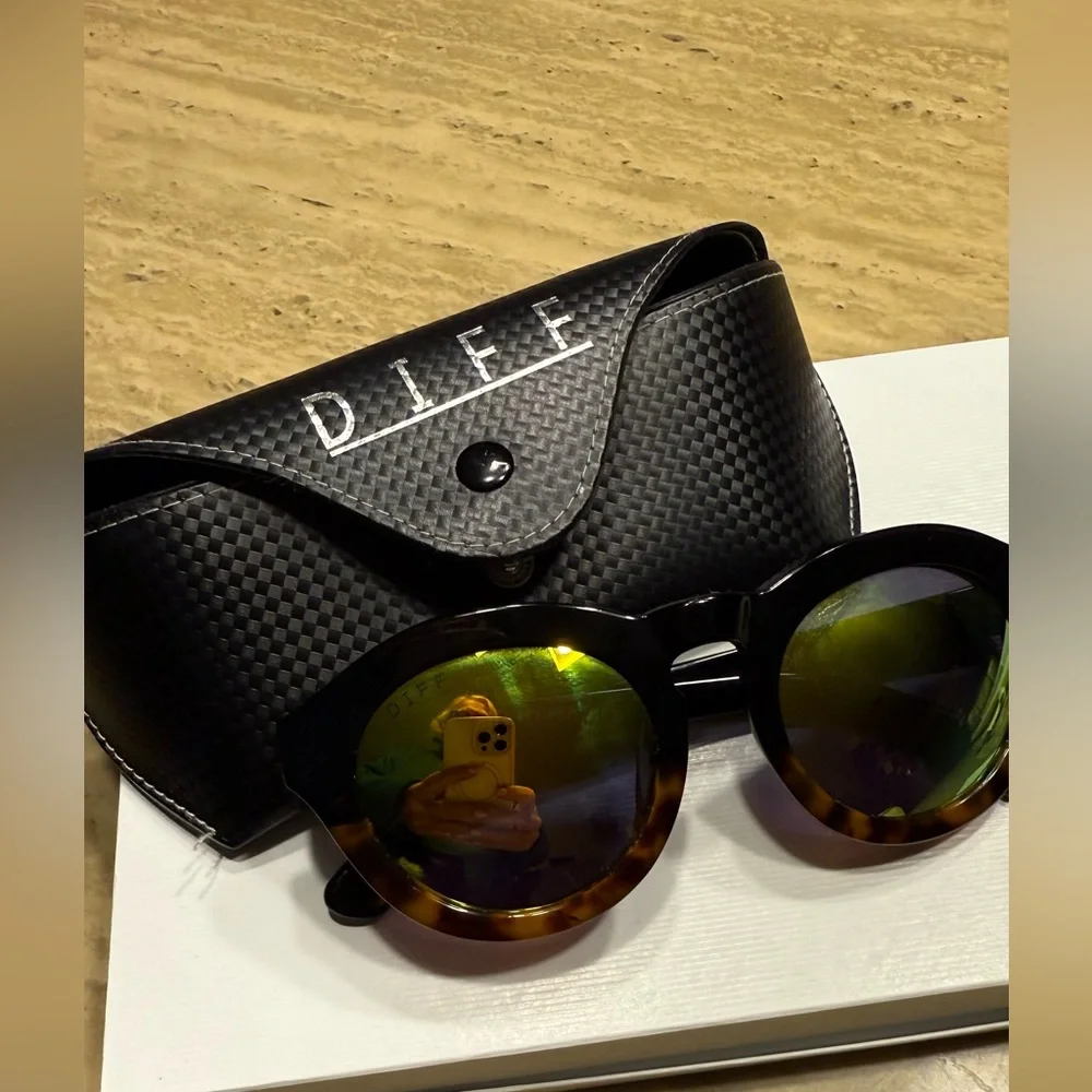 Diff Eyewear Tortoiseshell Sunglasses with Green Mirrored Lenses